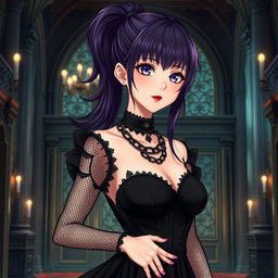 A gothic anime girl with long, dark purple hair styled in a ponytail, featuring flowy bangs that frame her face, stands elegantly in an opulent gothic mansion