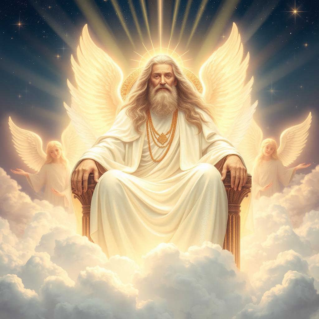 A depiction of God as a majestic and radiant figure, sitting on a celestial throne surrounded by clouds and beams of light