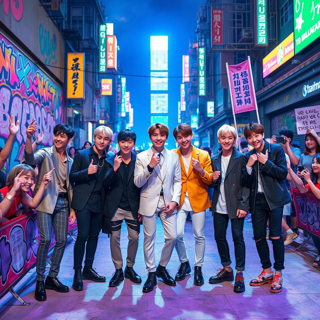 A vibrant and lively scene featuring the popular K-Pop group BTS, showcasing all seven members in stylish outfits, posing with playful expressions
