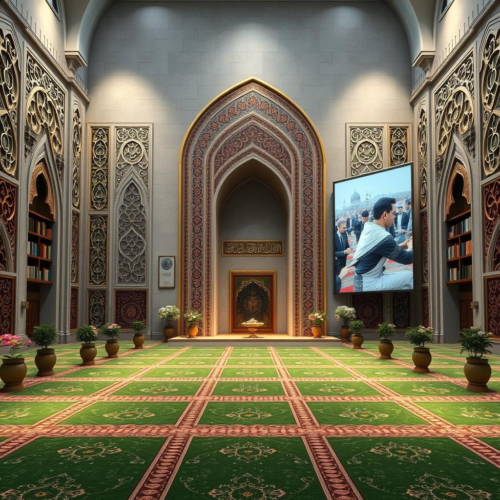 A detailed scene of the wall opposite a mosque featuring a grand mihrab that reaches up to the ceiling
