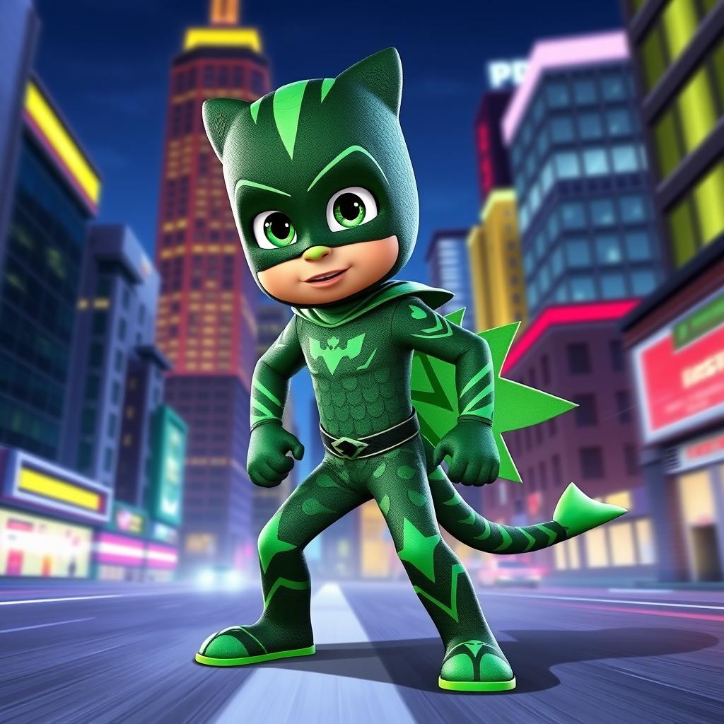 A character inspired by the superhero Lagartixo from PJ Masks, wearing the distinctive green outfit complete with scale patterns, a spiky tail, and a detailed mask that covers the top half of the face