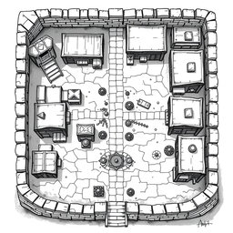 A detailed black and white drawing depicting both top and side views of a square quarter dedicated to warehousing and storage within a dwarven city