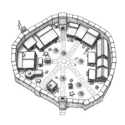 A detailed black and white drawing depicting both top and side views of a square quarter dedicated to warehousing and storage within a dwarven city