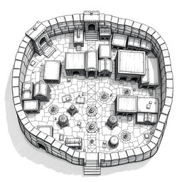 A detailed black and white drawing depicting both top and side views of a square quarter dedicated to warehousing and storage within a dwarven city