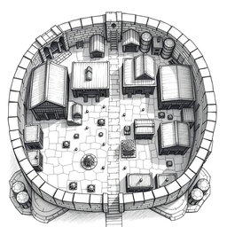 A detailed black and white drawing depicting both top and side views of a square quarter dedicated to warehousing and storage within a dwarven city