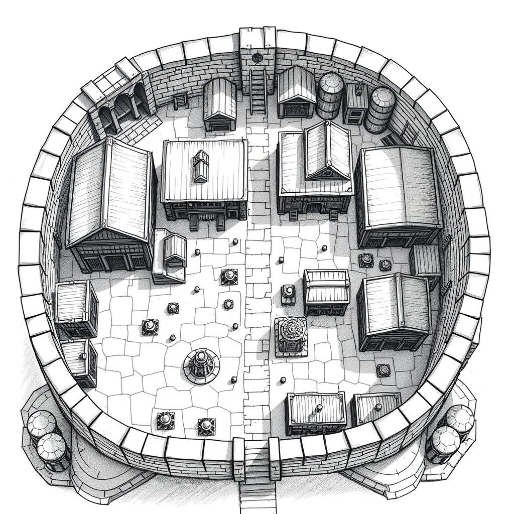 A detailed black and white drawing depicting both top and side views of a square quarter dedicated to warehousing and storage within a dwarven city