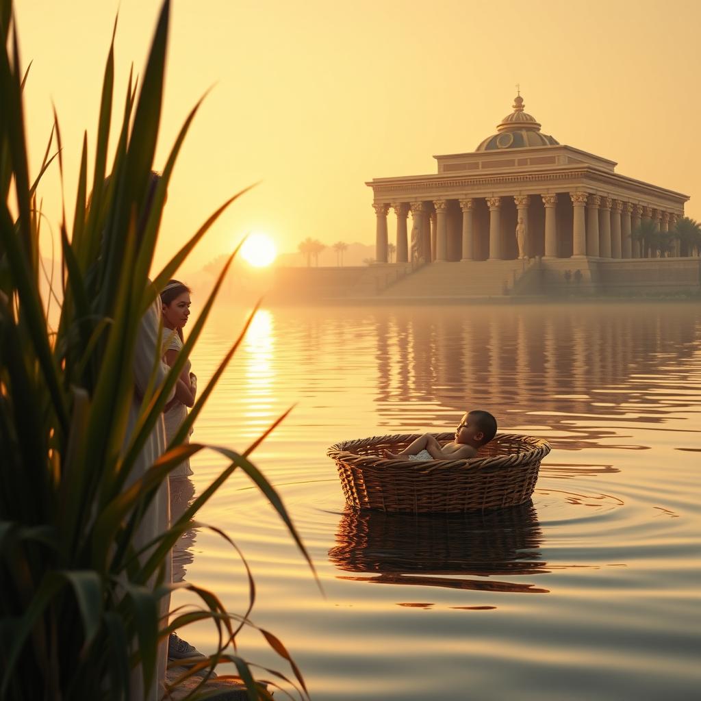 A serene scene depicting a small woven basket gently floating on the calm Nile River at sunrise, featuring a baby inside the basket