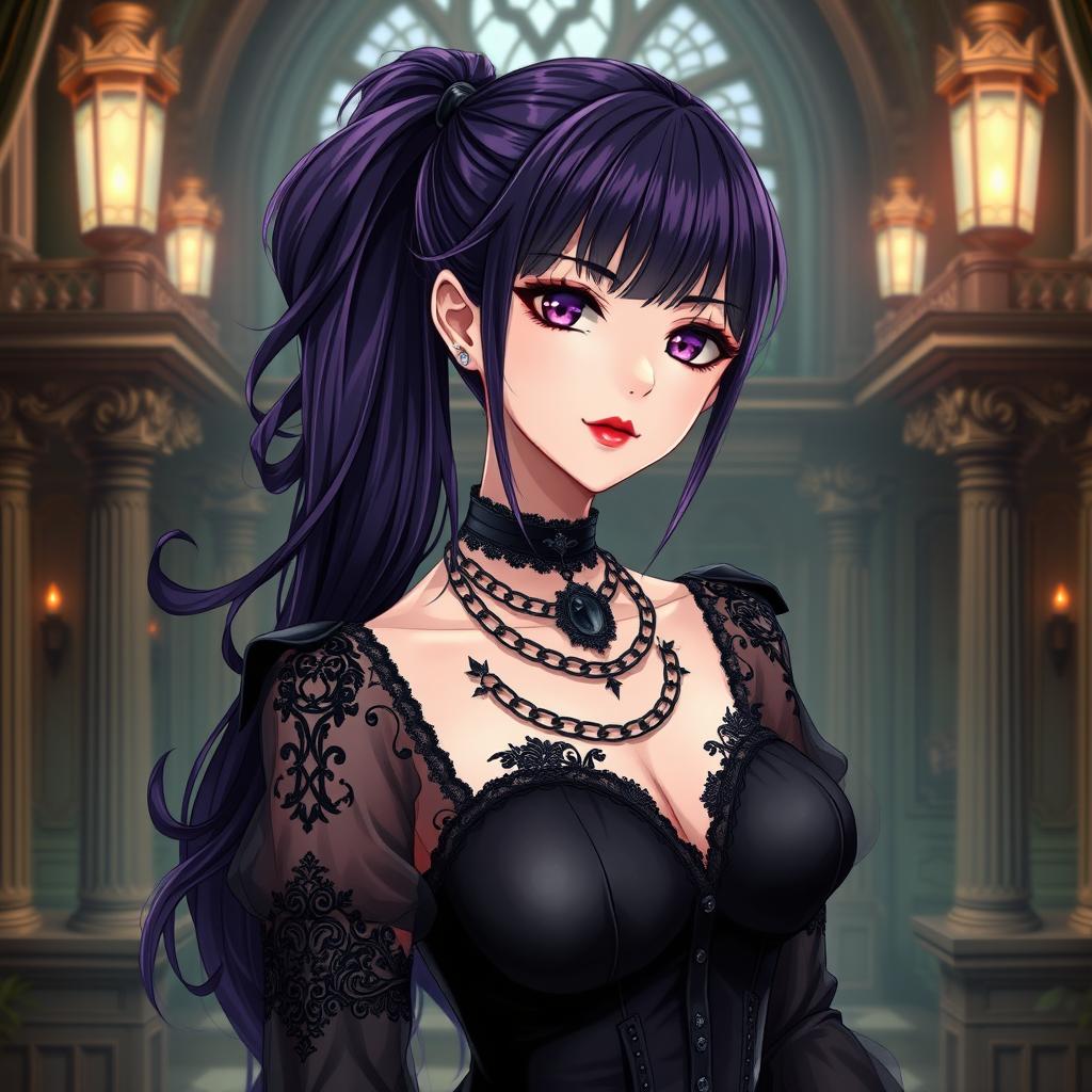 A gothic anime girl with long dark purple hair styled in a ponytail, featuring flowy bangs that elegantly frame her face, stands in an enchanting gothic mansion