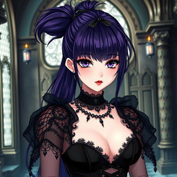 A gothic anime girl with long dark purple hair styled in a ponytail, featuring flowy bangs that elegantly frame her face, stands in an enchanting gothic mansion