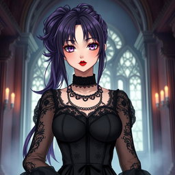 A gothic anime girl with long dark purple hair styled in a ponytail, featuring flowy bangs that elegantly frame her face, stands in an enchanting gothic mansion
