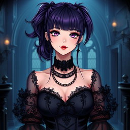 A gothic anime girl with long dark purple hair styled in a ponytail, featuring flowy bangs that elegantly frame her face, stands in an enchanting gothic mansion