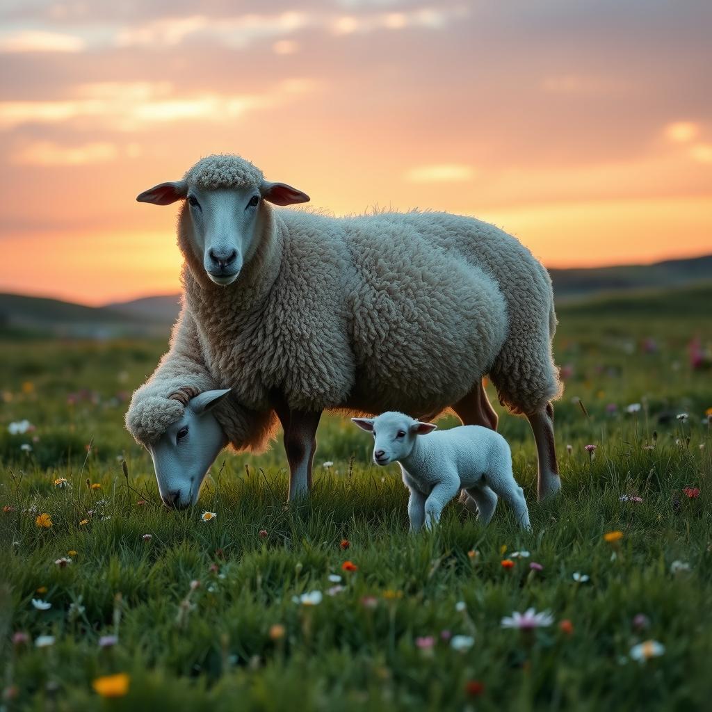 A serene and picturesque rural scene featuring a pregnant sheep peacefully grazing in a lush green meadow, with a soft orange sunset in the background