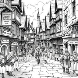 A detailed black and white drawing of a wide medieval main street in a surface Dwarven city