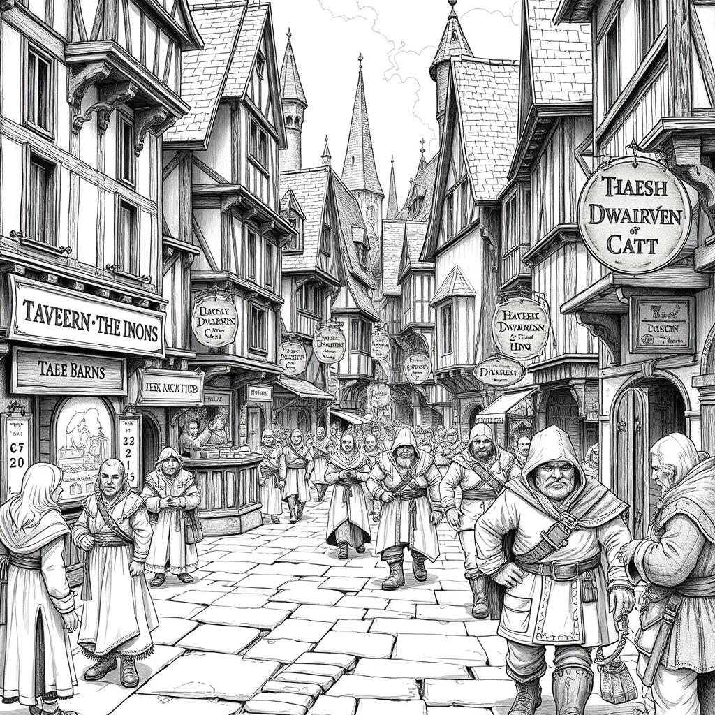 A detailed black and white drawing of a wide medieval main street in a surface Dwarven city