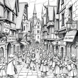 A detailed black and white drawing of a wide medieval main street in a surface Dwarven city