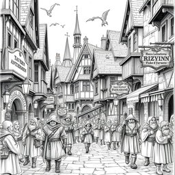 A detailed black and white drawing of a wide medieval main street in a surface Dwarven city