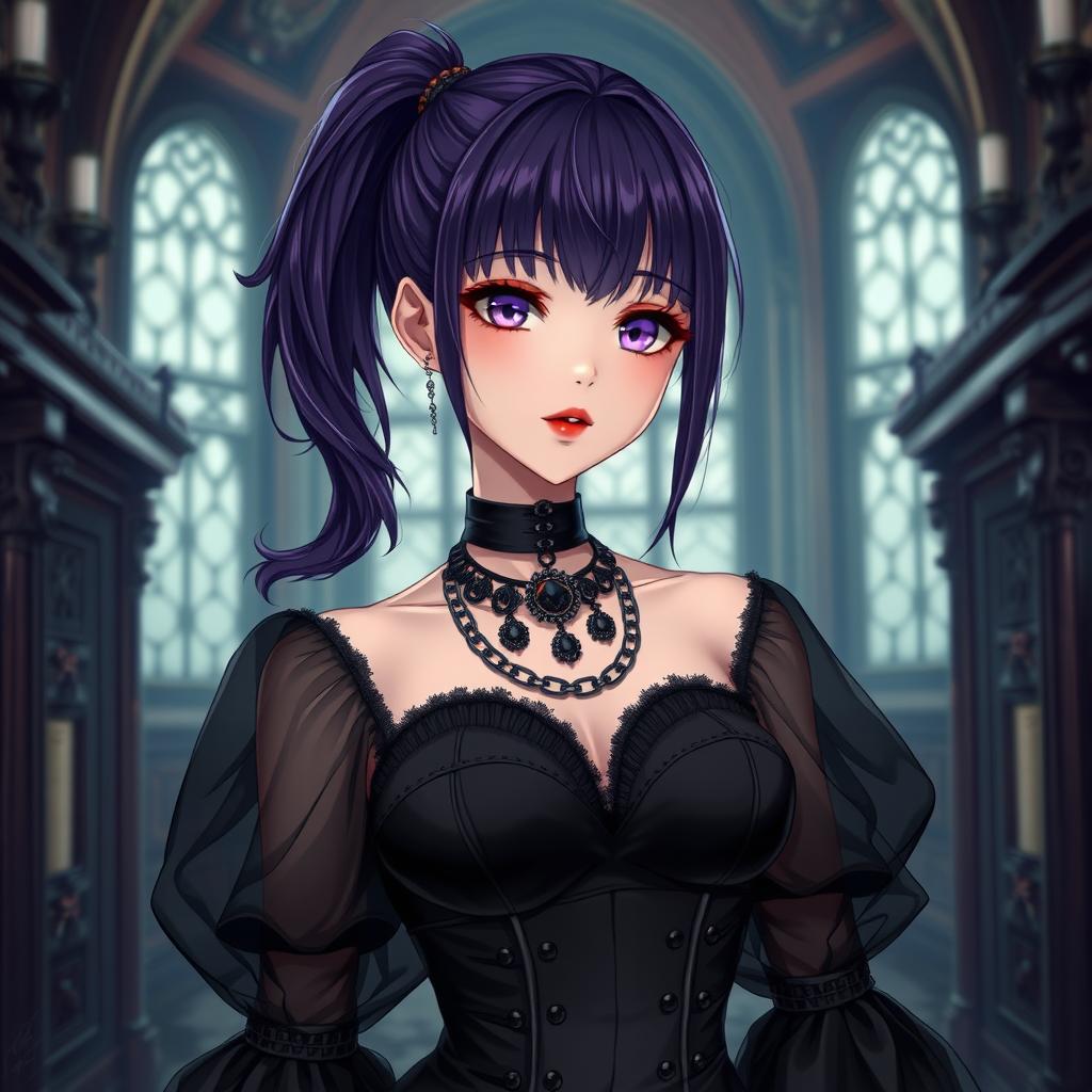 A gothic anime girl with long dark purple hair styled in a ponytail, featuring flowy bangs that elegantly frame her face, stands gracefully in an exquisite gothic mansion
