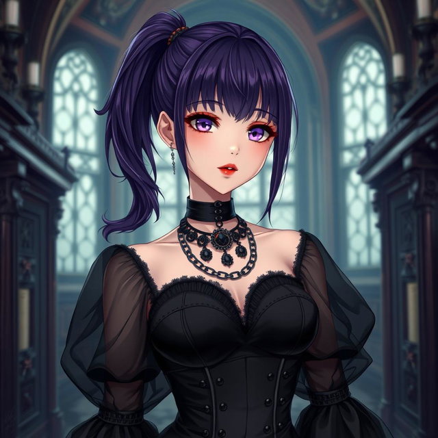 A gothic anime girl with long dark purple hair styled in a ponytail, featuring flowy bangs that elegantly frame her face, stands gracefully in an exquisite gothic mansion