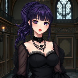 A gothic anime girl with long dark purple hair styled in a ponytail, featuring flowy bangs that elegantly frame her face, stands gracefully in an exquisite gothic mansion