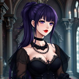 A gothic anime girl with long dark purple hair styled in a ponytail, featuring flowy bangs that elegantly frame her face, stands gracefully in an exquisite gothic mansion
