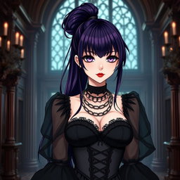 A gothic anime girl with long dark purple hair styled in a ponytail, featuring flowy bangs that elegantly frame her face, stands gracefully in an exquisite gothic mansion