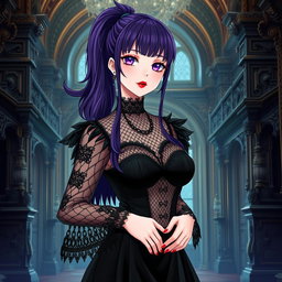 A gothic anime girl with long dark purple hair styled in a ponytail, featuring flowy bangs that beautifully frame her face, stands gracefully in an elaborate gothic mansion