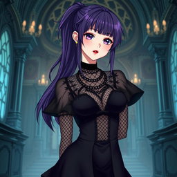 A gothic anime girl with long dark purple hair styled in a ponytail, featuring flowy bangs that beautifully frame her face, stands gracefully in an elaborate gothic mansion
