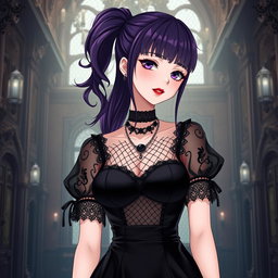 A gothic anime girl with long dark purple hair styled in a ponytail, featuring flowy bangs that beautifully frame her face, stands gracefully in an elaborate gothic mansion