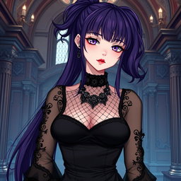 A gothic anime girl with long dark purple hair styled in a ponytail, featuring flowy bangs that beautifully frame her face, stands gracefully in an elaborate gothic mansion