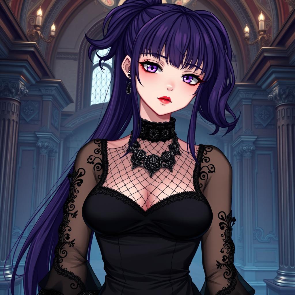 A gothic anime girl with long dark purple hair styled in a ponytail, featuring flowy bangs that beautifully frame her face, stands gracefully in an elaborate gothic mansion