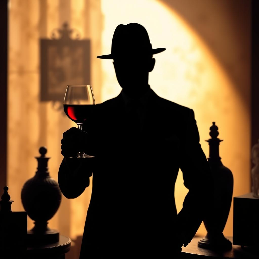 A vintage-style shadow image depicting a discerning man holding a glass of red wine, exuding an air of sophistication