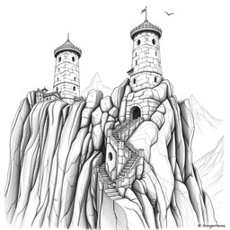 A detailed black and white drawing of dwarven defensive and observation towers skillfully built into the sheer cliff face of a mountain