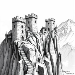 A detailed black and white drawing of dwarven defensive and observation towers skillfully built into the sheer cliff face of a mountain