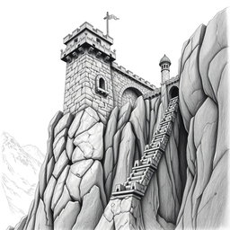 A detailed black and white drawing of dwarven defensive and observation towers skillfully built into the sheer cliff face of a mountain