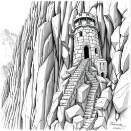 A detailed black and white drawing of dwarven defensive and observation towers skillfully built into the sheer cliff face of a mountain