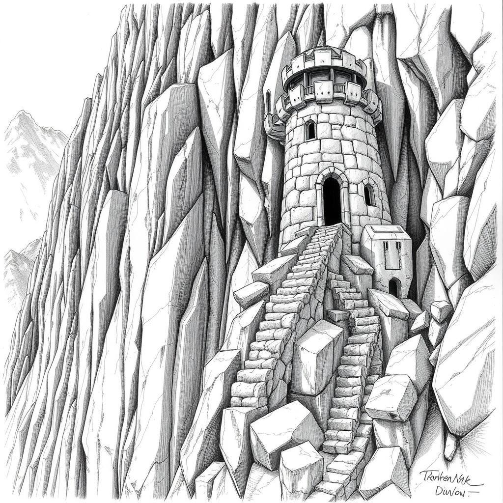 A detailed black and white drawing of dwarven defensive and observation towers skillfully built into the sheer cliff face of a mountain