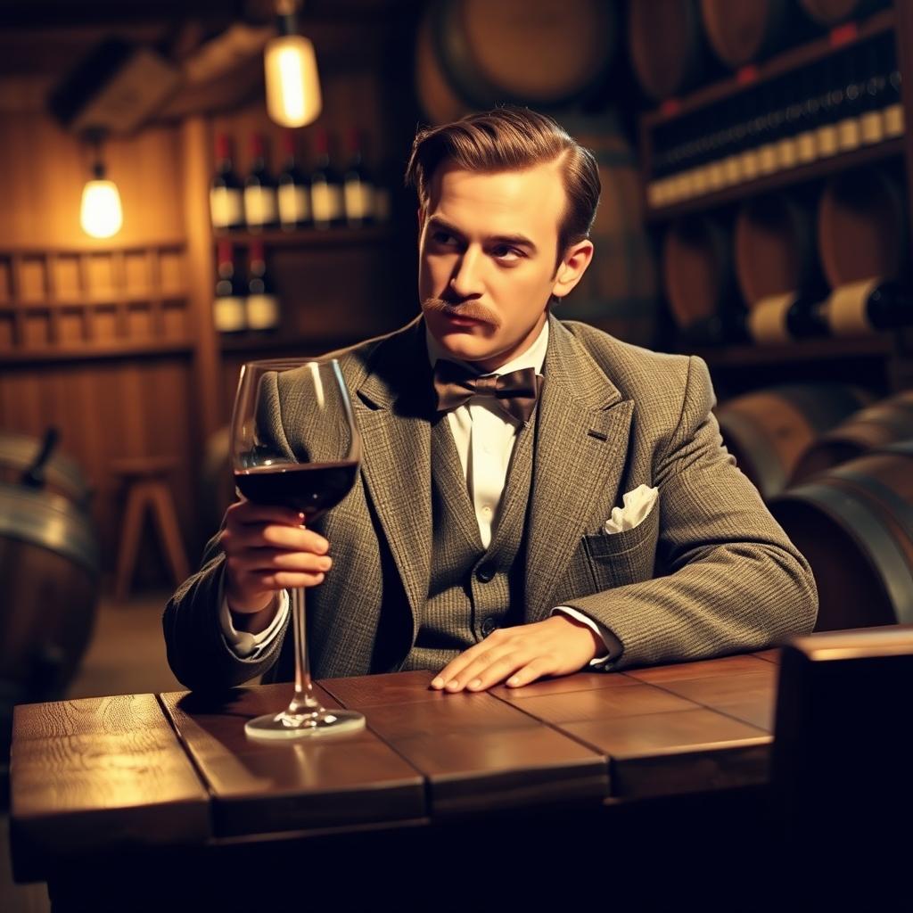 A vintage man sitting at a rustic wooden table, savoring a glass of red wine
