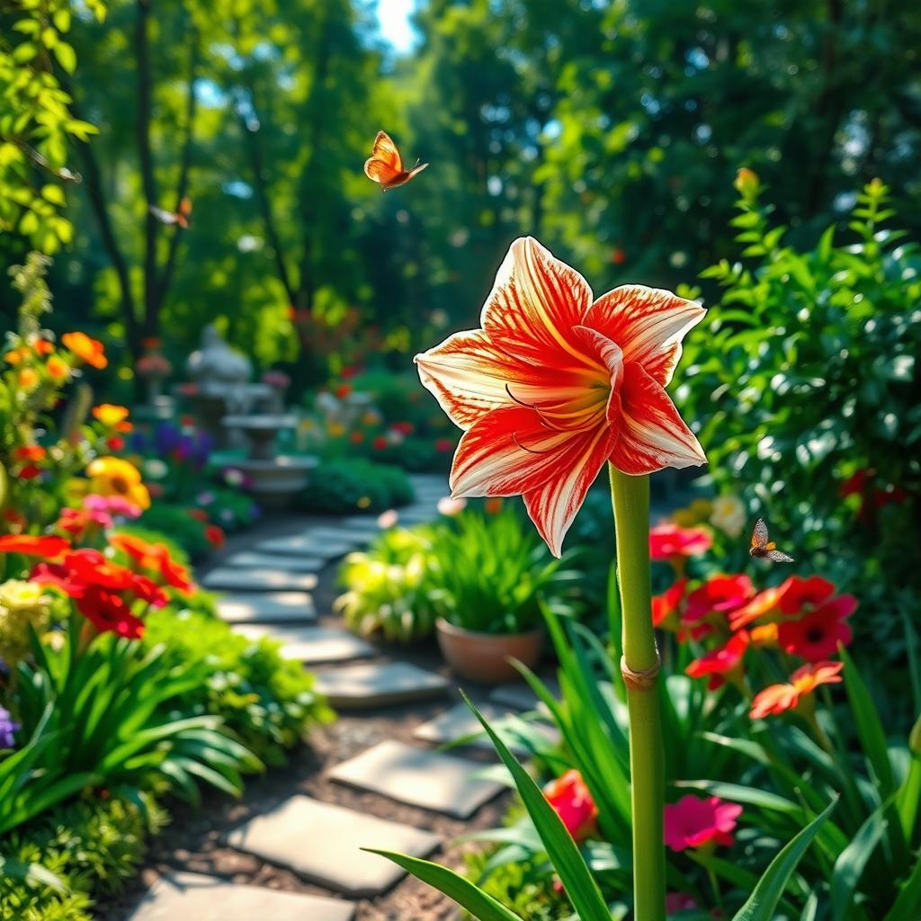 A stunning garden scene featuring a magical amaryllis flower blooming prominently in the foreground