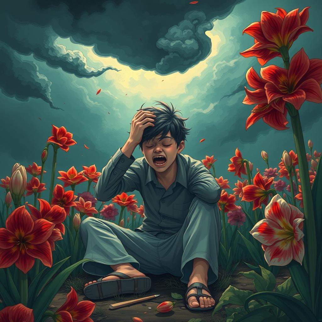 A dramatic and surreal illustration featuring a character named Harold, who is experiencing intense pain