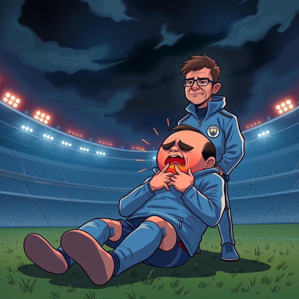 A dramatic and surreal illustration combining the character of Harold experiencing intense pain with a Manchester City football coach, Ruben Amorim, observing the scene