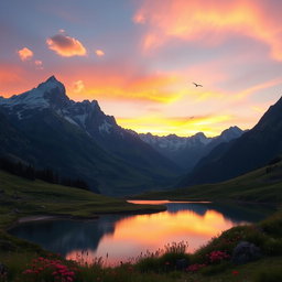 A majestic and serene mountain landscape at sunrise, featuring towering peaks covered in snow, lush green valleys with blooming wildflowers, and a clear, reflective lake in the foreground