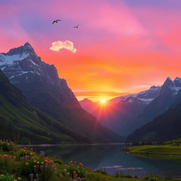 A majestic and serene mountain landscape at sunrise, featuring towering peaks covered in snow, lush green valleys with blooming wildflowers, and a clear, reflective lake in the foreground