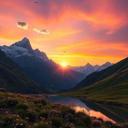 A majestic and serene mountain landscape at sunrise, featuring towering peaks covered in snow, lush green valleys with blooming wildflowers, and a clear, reflective lake in the foreground