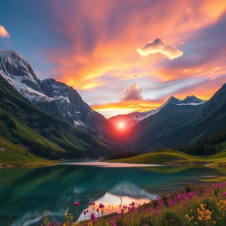 A majestic and serene mountain landscape at sunrise, featuring towering peaks covered in snow, lush green valleys with blooming wildflowers, and a clear, reflective lake in the foreground