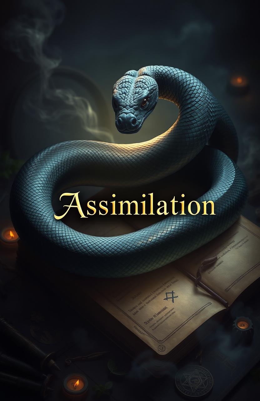 A powerful dark snake coiled around an ancient spellbook, with mystical symbols glowing softly in the dim light