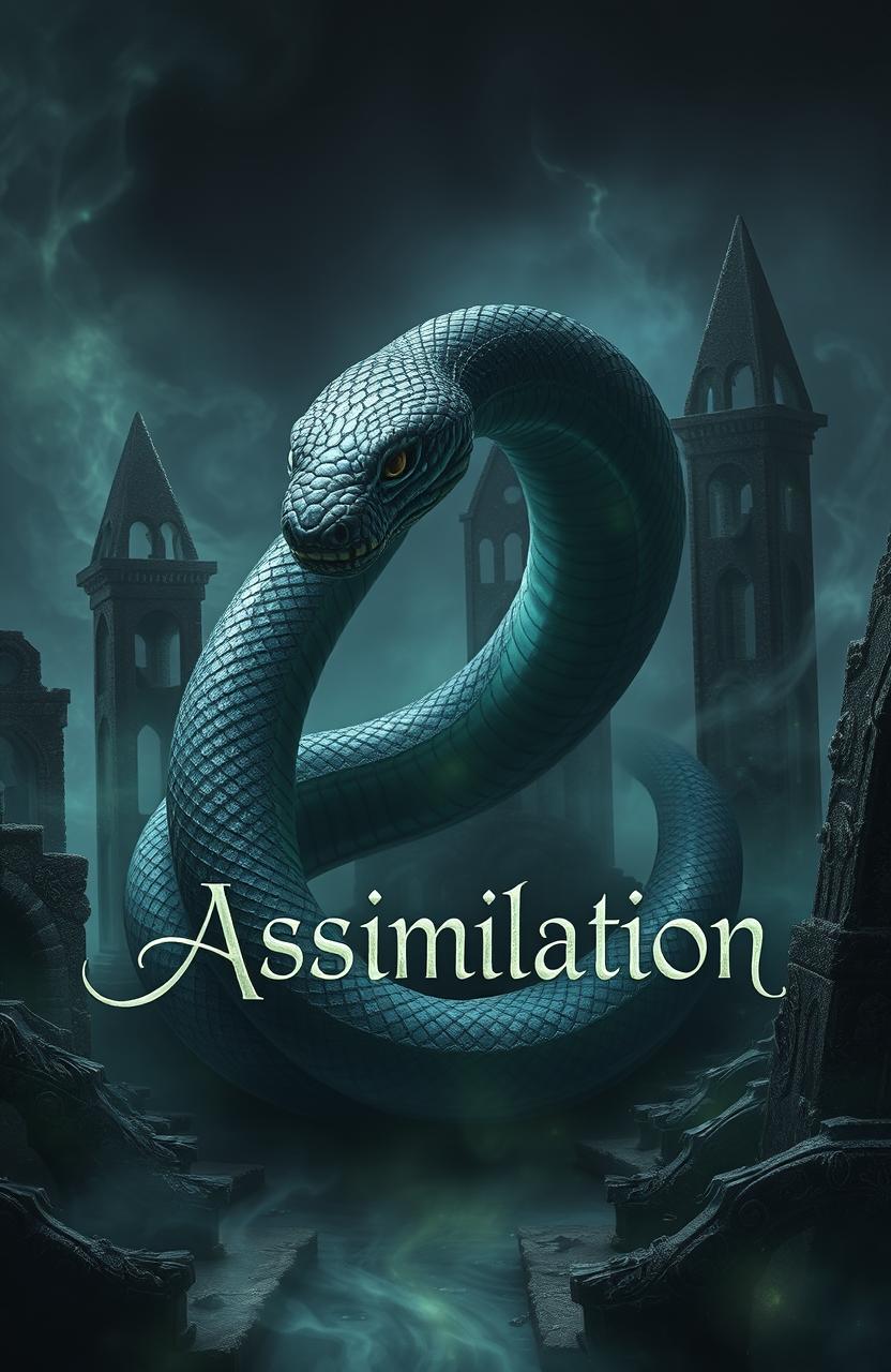 A mystical scene depicting a dark, magical snake coiling around ancient, enchanted ruins