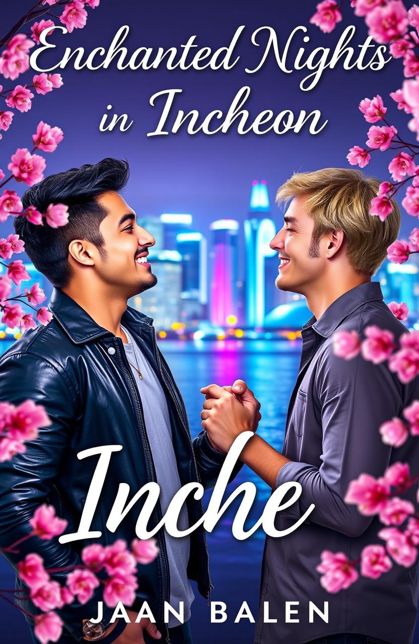 A romantic book cover for a gay man romance novel titled 'Enchanted Nights in Incheon'