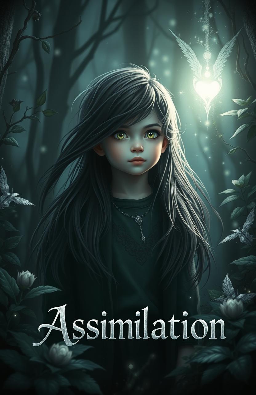 A mystical scene featuring a little boy with enchanting green eyes and long, flowing black hair