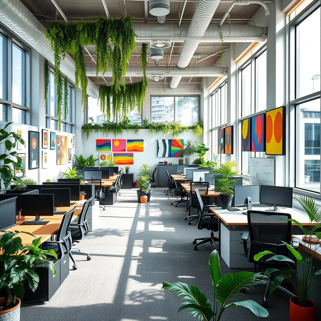 A vibrant and modern office space designed for a creative tech startup
