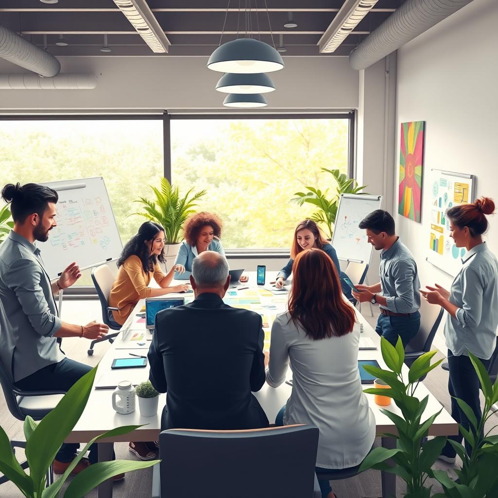 A visually engaging scene depicting the concept of job design, featuring a diverse group of people collaborating around a large table filled with colorful diagrams, charts, and digital devices